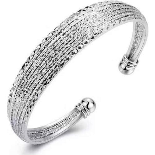 925 Sterling Silver Wide Lines Pattern Bangle Bracelet For Women Fashion Simple Open Bangle Jewelry Accessories S-B286
