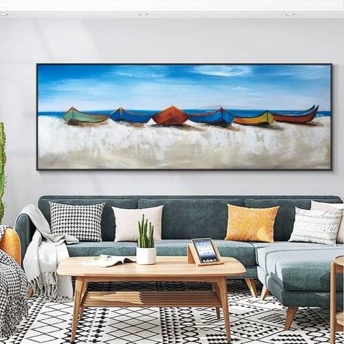 Abstract Colorful Boats On The Blue Sea 100% Hand Painted Oil Painting On Canvas Modern Seascape Wall Art For Living Room Decor