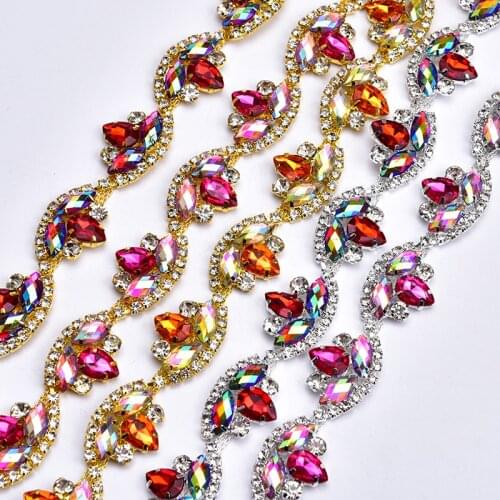 New 2 Yards Gold Plating Colorful Rhinestone Flower Cup Chain Diamond Wedding Decorative Crystal Trim Sew on Garment Accessories