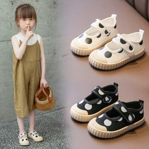Baby Girl Cute Dot Pattern Kids Beige Walking Canvas Shoes 4-8 Years Old Children Velcro Biscuit Shape Casual Shoes