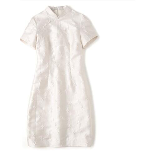 Elegant Chinese Retro Style Fashion Summer White Black Woman Dress New Lady Flower Jacquard Unique Classic Split Cheongsam Skirt