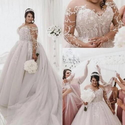 Elegant Lace Plus Size Wedding Dresses robe mariage Long Sleeve Wedding Gowns For Women Sheer Illusion ALine Bridal Dress