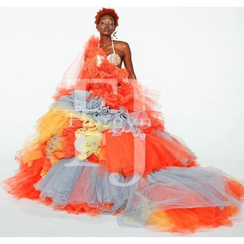 Hot Sale Asymmetrical Tiered Tulle Long Prom Gowns Puffy Formal Dress One Shoulder Multicolor Chic Ball Gown Evening Party Dress