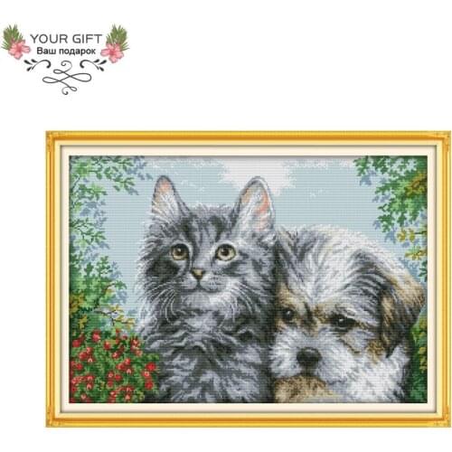 Joy Sunday DA131 14CT 11CT Counted and Stamped Home Decor Kitten And Puppy Needlework Needlepoint Embroidery Cross Stitch kits