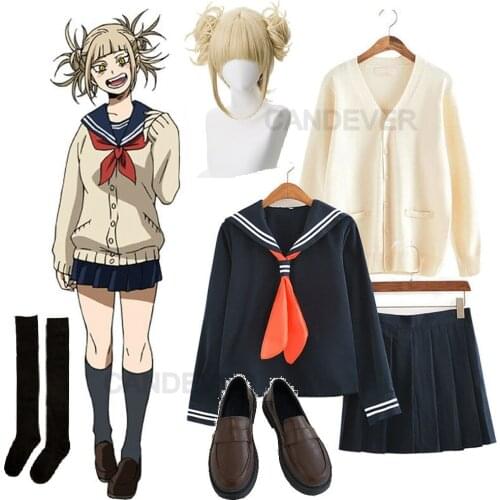 My Hero Academia Boku no Hero Cosplay Costume Himiko Toga JK Uniform Women Sailor Suits Cardigan Girls Academy Uniform wig shoes