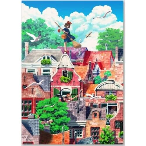 Wall Art Canvas Painting Fly Girl Magic Broom Picture Print Home Blue Sky Decor Poster Cuadros For Living Room Modular No Frame