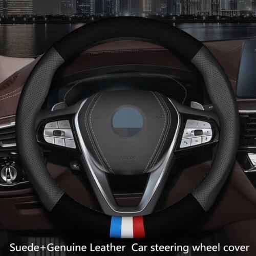 Suede Genuine Leather All Season Car Steering Wheel Cover Black Red 38cm Universal Auto Steering-wheel Cover Car-styling