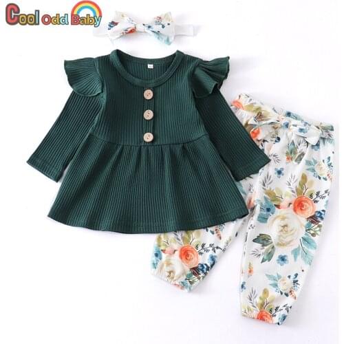 Baby Girl Clothes Autumn Newborn Infant Clothing Green Ruffle Long Sleeve Tops Floral Pants Headband 3Pcs Toddler Outfits Set