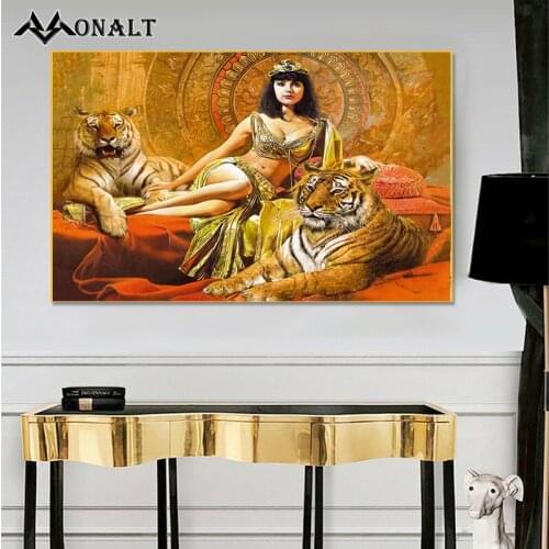 Sexy Woman Tiger Golden Luxury Canvas Painting Cleopatra Leopard Vintage Poster Big Horizontal Room Decor Aesthetic Art Picture