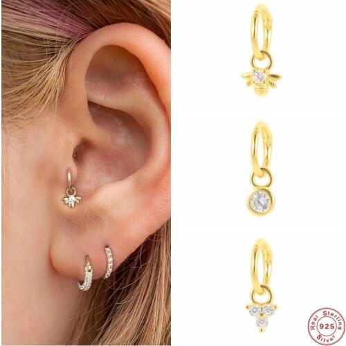 Aide 1PC 925 Sterling Silver Zircon Bee Charm Hoop Earrings Rectangle Crystal Pendant Circle Piercing Cartilage Hoop Pendientes
