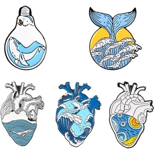 Freedom Heart Enamel Pin Custom Organ Heart Brooches Bag Clothes Lapel Pin Ocean Wave Badge Whale Jewelry Gift for Kids Friend