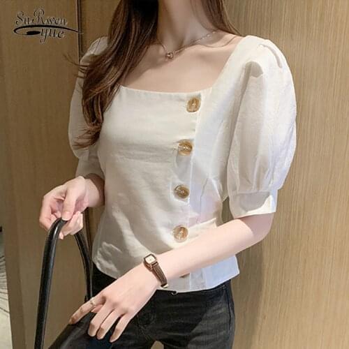 Vintage Linen Cotton Shirt Womans Blouses korean Slim Ropa De Mujer Short Sleeve Top Puff Sleeve Solid Button Shirts 9637
