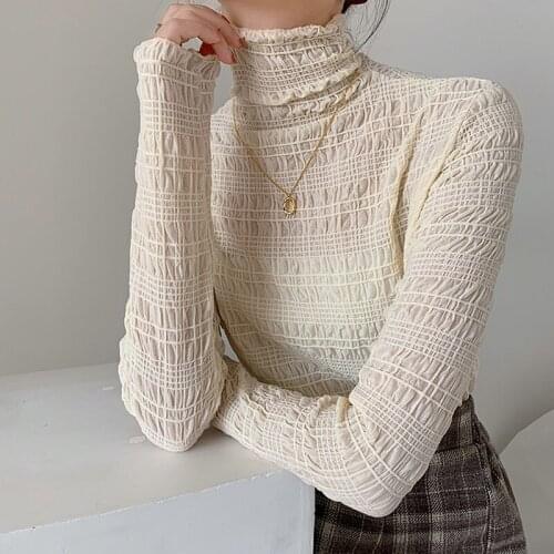 Alien Kitty Women Long Sleeves Lace T-Shirt 2021 Autumn Female Tees Solid Turtleneck Thin Undershirt All-Match Office Lady Tops