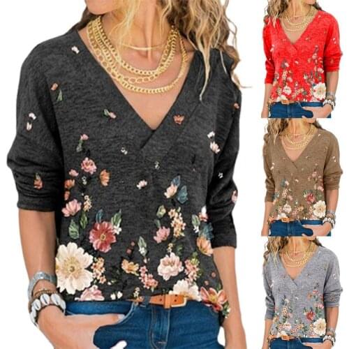 Womens Clothing Autumn and Winter New Fashion Womens V-neck Flower Print Long-sleeved Casual Loose T-shirt Plus Size