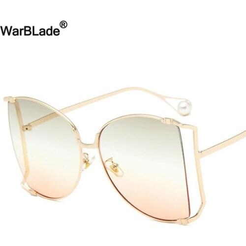 WarBLade 2018 New Oversized Square Sunglasses Vintage Women Big Frame Pearl Decoration Clear Lens Sun Glasses For Women UV400
