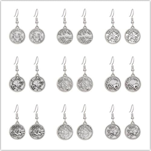 Girls Women Drop Earrings Aries Taurus Gemini Cancer Leo Virgo Libra Scorpio Zodiac Constellation Alloy Disc Dangle Earrings