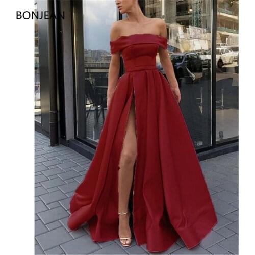 Wine red burgundy Strapless Off the shoulder Long evening dresses 2019 Sexy Slit side Simple Formal dress abiye robe de soiree