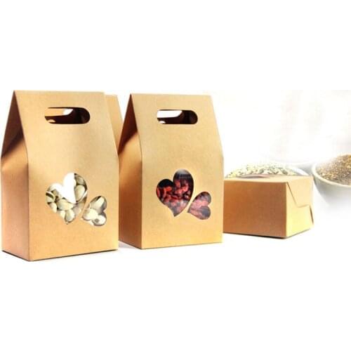 10*15.5*6cm 20pcs Stand Up Heart-shaped Window Kraft Paper Bags Boxes Recyclable Wedding Gift Jewelry Food Package Paper Box