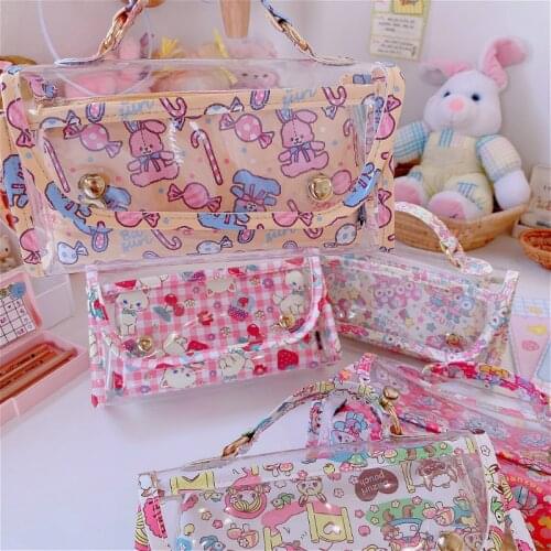 2pcs/set Kawaii Transparent PVC Pencil Case Girls School Cosmetic Bag Student Cartoon Storage Pencil Bag Stationery