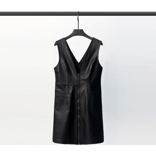 2021 Spring New Leather Dress Female Mid-length Skirt Strap Sheep Skin Leather Skirt Casual V-neck A-line Skirt Trend