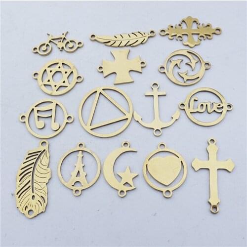 Real Gold Stainless Steel Connectors Hexagram Triangle Tower Anchor Feather Moon Bike Jewelry Making Component 30pcs/lot Mix
