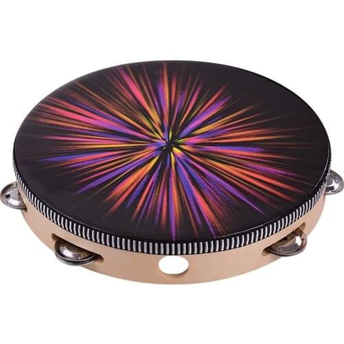 Beginners Wooden Tambourine Handbell Hand Drum with Single Row Jingles Reflective Drum Head Percussion 10 Inch Toy