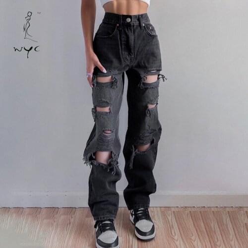 New Fashion Hollow-outed Jeans for Women Female Black Hip Hop Streetwear Personality High Waisted Straight Full-length Pants