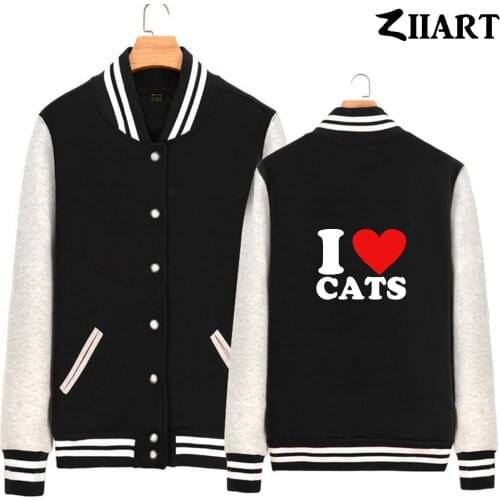 I love cats Couple Clothes Man Boys Full Zip Autumn Winter Fleece Baseball jackets ZIIART