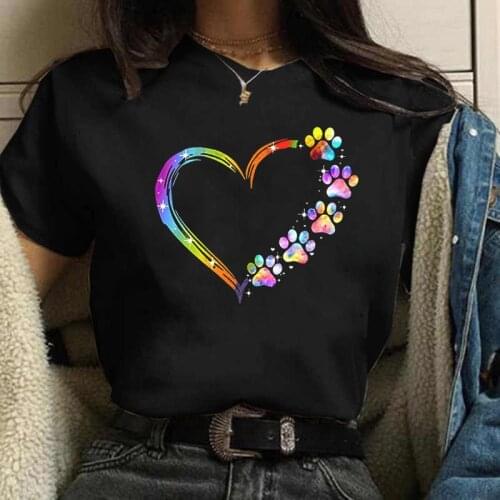 Colorful Heart Paws Printed T-shirt Tops Fashion Heart Dog Paw Print Casual Tops Summer Cartoon Graphic Printed Tees Black Tops