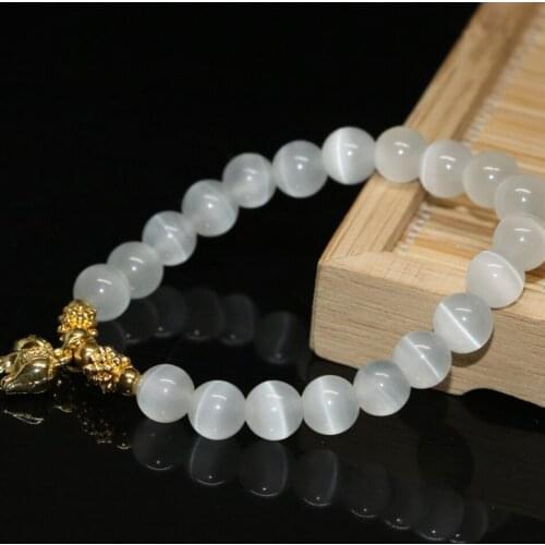 Hot sale gold-color lovely pig pendant pretty white opal cat eyes fashion bracelets 8mm round beads diy jewelry 7.5inch B2171