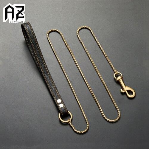 AZ 316L Stainless Steel Dog Chain Lead For Large Dog Leash Handle PU Leather Long Chain For Pet Dogs Outdoor Jewelry