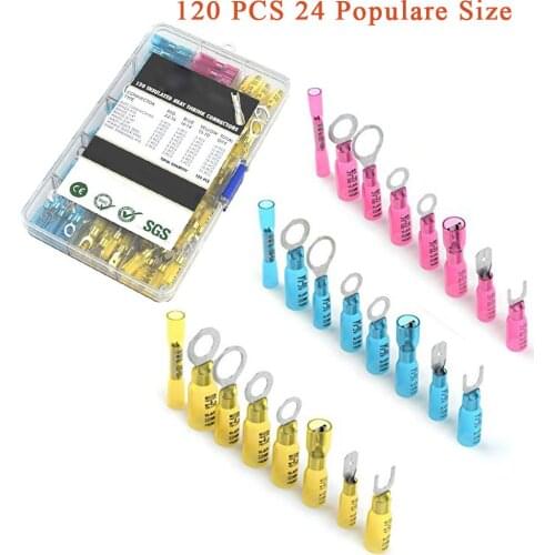 120 PCS Heat Shrink Connector Kit Electrical Insulated Wire Terminals Crimp Ring Butt Spade Marine Waterproof Automotive