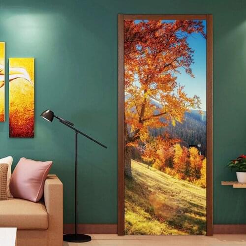 Creative Autumn Leaves Door Stickers Landscape Style Wallpaper Bedroom Living Room Scenery Waterproof Decals Home Decor