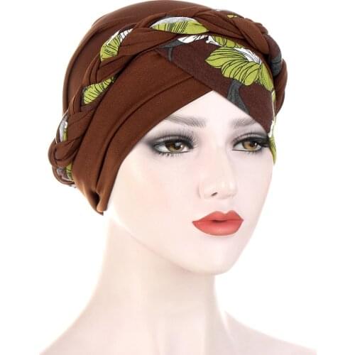 Cross Fronthead Braids Turban Hat Flower Print Muslim Hijab Scarf Female Head Wraps Islam Headwear India Hat Chemo Caps