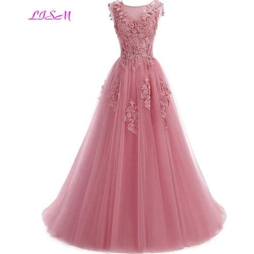 Lace Appliques Beaded Tulle Prom Dresses A-Line Sleeveless Evening Formal Dress Long Party Gowns vestidos de gala
