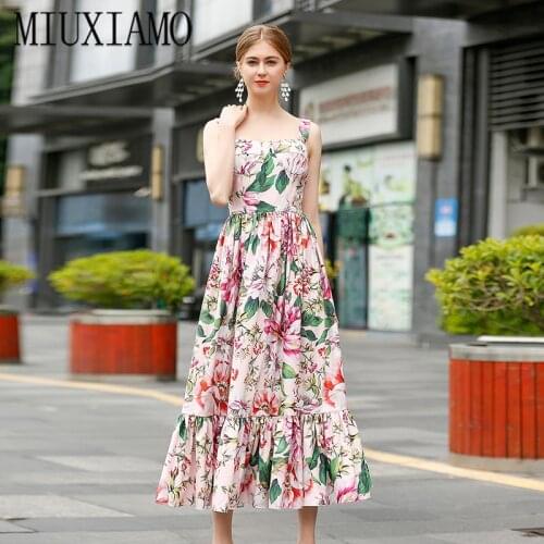 MIUXIMAO 2020 Spring Cake Dress Newest Arrival Vintage Sleeveless Flower Print Elegant Slim Long Dress Women vestidos