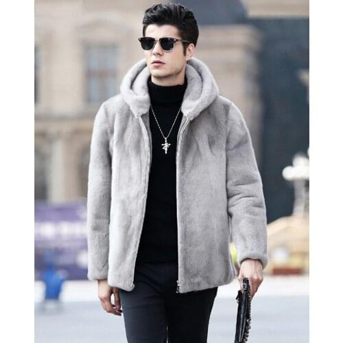 Mens fur coat autumn and winter new imitation mink fur coat whole mink mink hooded jacket Korean Slim plus size
