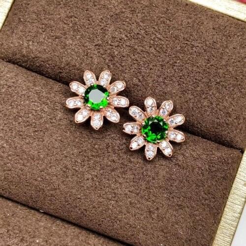 Natural green diopside stud Earrings Natural gemstone stud earrings S925 silver cute elegant round Sun flower women gift party