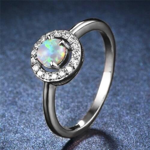 Cute Female White Opal Stone Ring Elegant Round Thin Wedding Rings For Women Bridal Promise Love Engagement Ring