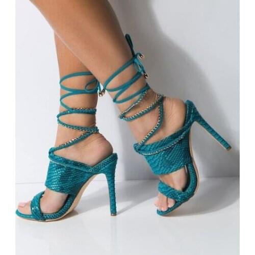 Sexy Blue Snake Print Leather Sandals Zipper Cross Tied Women Sandals Cut-out Peep Toe Gladiator Sandals Shoes Women Big Size