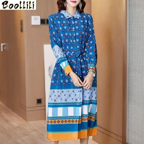 Boollili Real Silk Dress Women Print Beach Dress Spring Autumn Midi Dress Fashion Elegant Party Dress Vintage Vestido Mujer