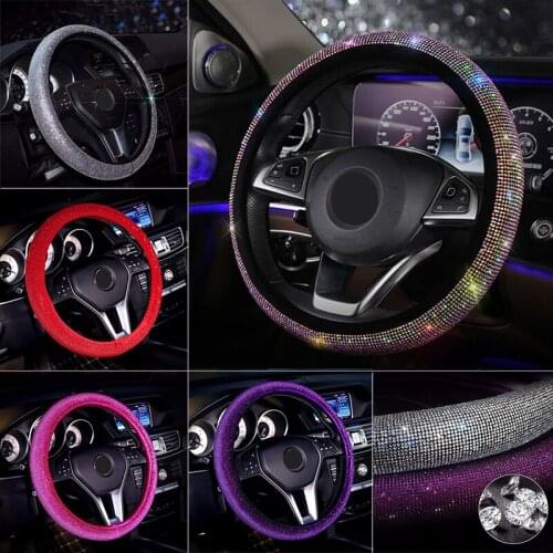 Luxury Crystal Car Steering Wheel Cover Set for Women Girls Bling Bling Full Rhinestones Diamond Steering Wheel Cover Universal