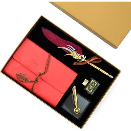 Retro Calligraphy Feather Dip Fountain Pen Writing Ink Notebook Set Base Stationery Gift Box Office School Supplies