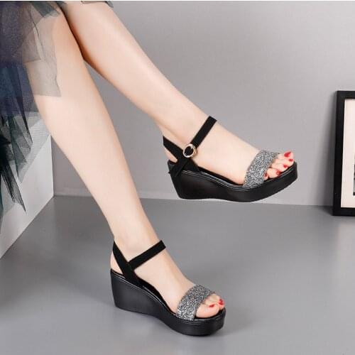 Wedges Heel Sandals Womens Summer Thick Bottom Sequins High Heel Ankle Strap Gladiator Red Sandals