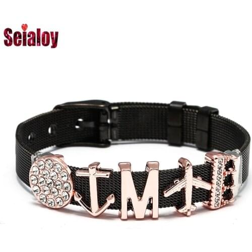 Seialoy Black Stainless Steel Mesh Watch Bracelets for women Original Anchor Aircraft Rhinestone Crown Charm Bracelet Jewelry