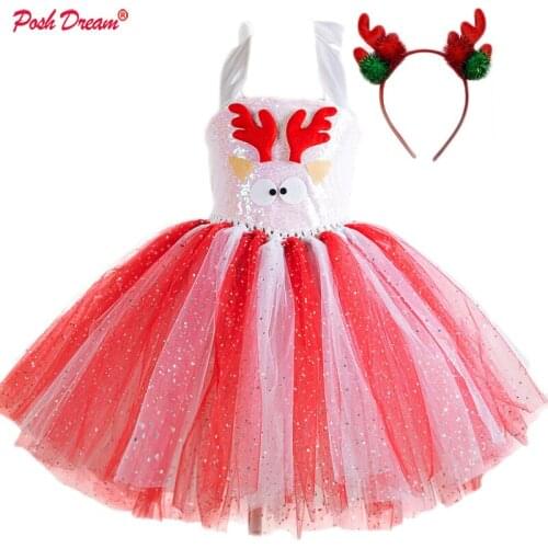 POSH DREAM New Fall Bling Christmas Girl Dress Red Shining Tulle Grid Girls Princess Party Dresses With Bow Kid Clothes