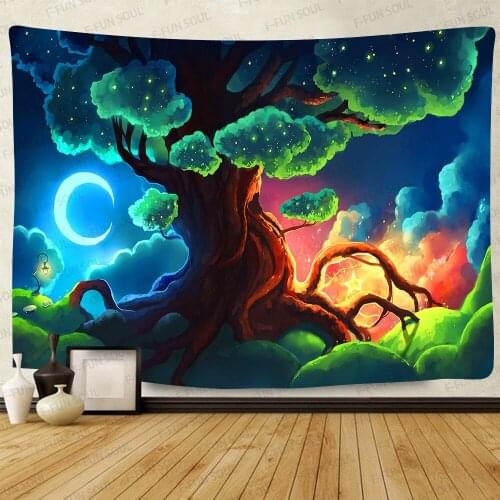 Simsant Psychedelic Forest Tapestry Fantasy Nature Moon Tree Art Wall Hanging Tapestries for Living Room Home Dorm Decor