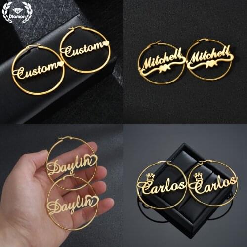 Diamon Personalized Diameter 50mm Cricle Earrings For Women Girls Custom Name Letters 3Colors Stainless Steel Party Jewelry Gift