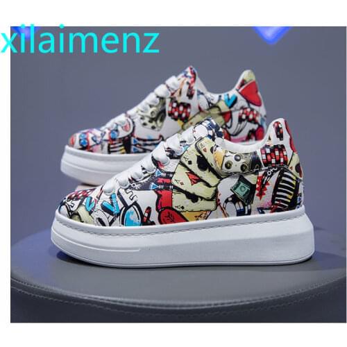 Thick-soled Increased Womens Sports Shoes Women 2021 New Womens Hand-painted Graffiti White Shoes Outdoor Casual Shoes