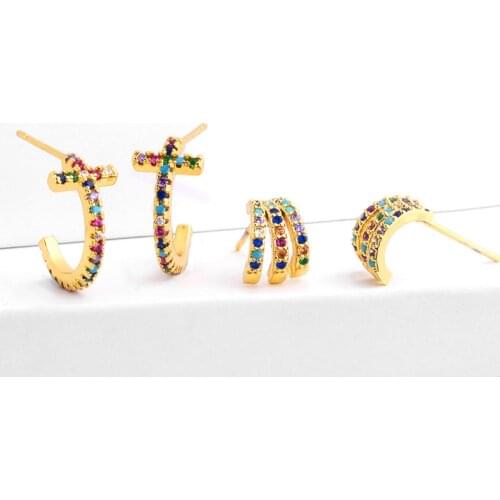 Vintage Multicolor Cross Claw Stud Earrings Statement Charm CZ Gold Copper Small Earrings 2019 Fashion studs Jewelry For Women